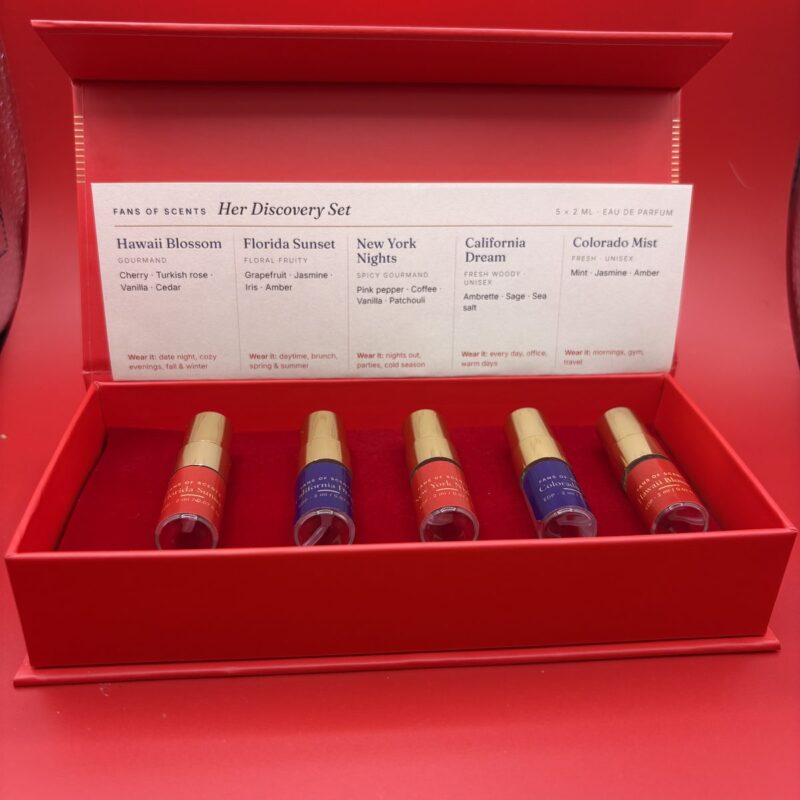 Open discovery box with a scent card and five vials
